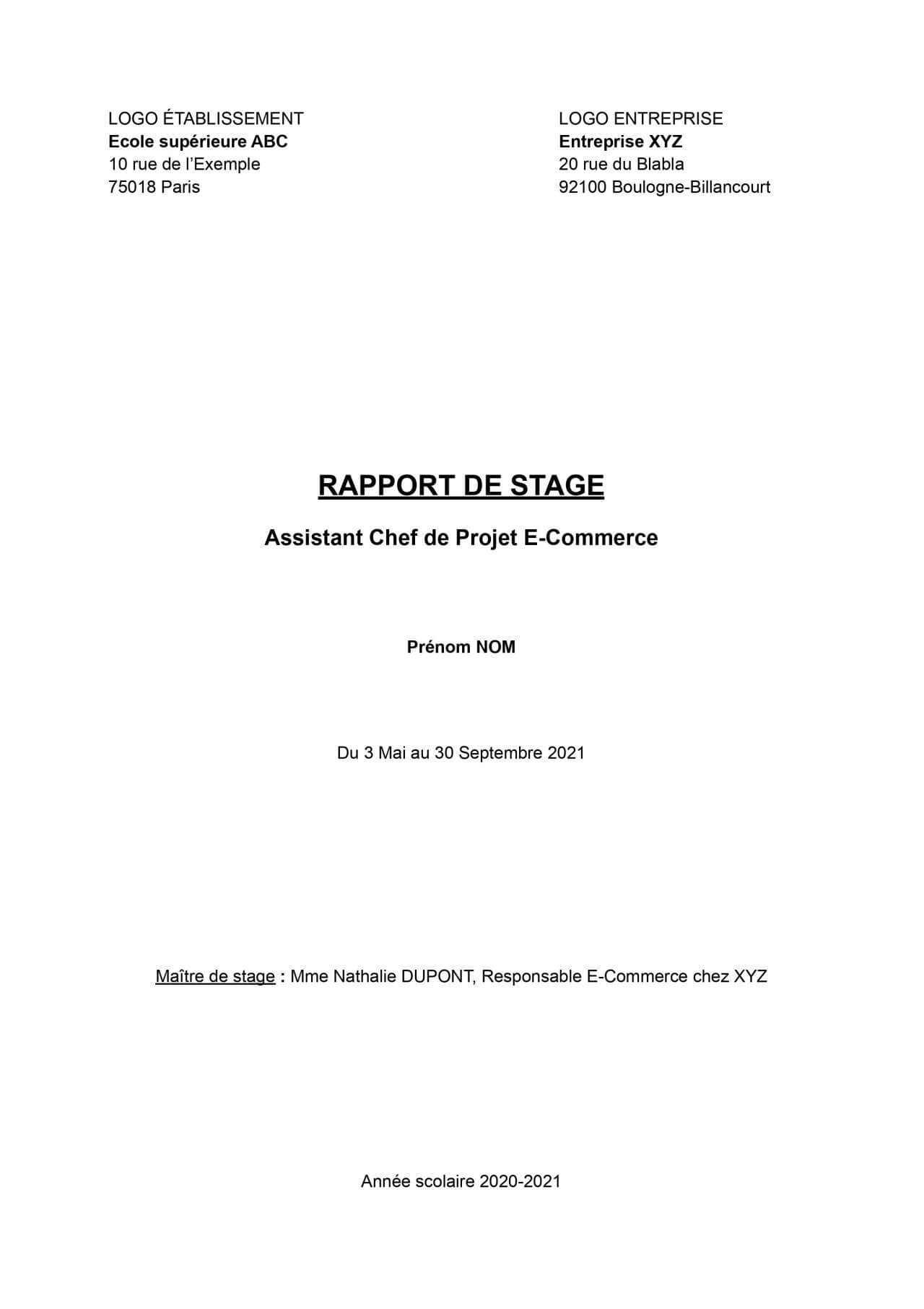 Exemple de page de garde d'un rapport de stage